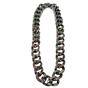 J. Crew Chunky Gunmetal Chain Link Necklace Colorful Pave Crystals 2010s Y2K